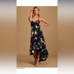 Lulus Best Time Navy Blue Floral Lace-up High Low Maxi Dress